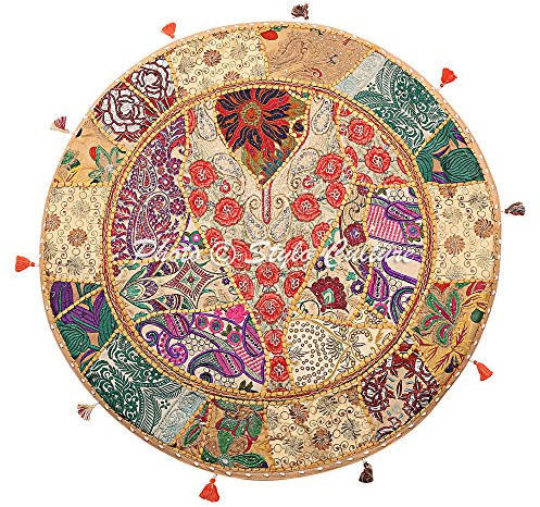 Stylo Culture Ethnisch Dekorativ Rund Bodenkissenbezug 80x80 cm Groß Bodenkissen Pouf Vintage Beige Boho Patchwork Lounge-Sessel Baumwolle Bestickt Rundkissen Kinder