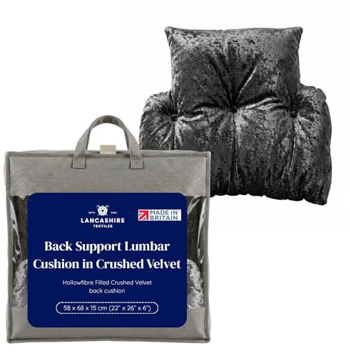 Lancashire Textiles Back Support Lumbar Cushion, Silver, 58x69x12cm | Crushed Velvet, Hollowfibre Filled, T-Shaped, Lightweight Pillow, Comfort Support for Armchair and Desk Chair