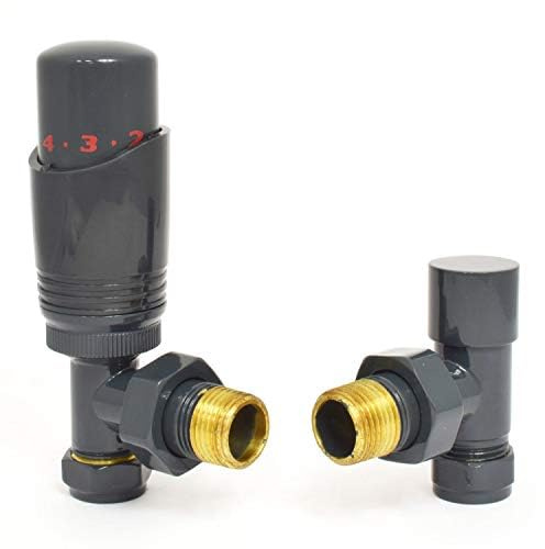 Hot Flow Anthracite Cascade Angled Modern TRV Thermostatic Radiator Valve (Pair) Includes Angled TRV Body & One Lock Shield for Quick & Easy Temperature Control. Perfect for Energy Saving.