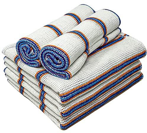 Towelogy® 5 Pack Cotton Dish Cloths Waffle Weave White Super Absorbent LINT FREE QUICK DRY Striped Kitchen Tea Towels Dishcloths for Washing Up Machine Washable 35x40cm (White Blue/Orange Stripes)