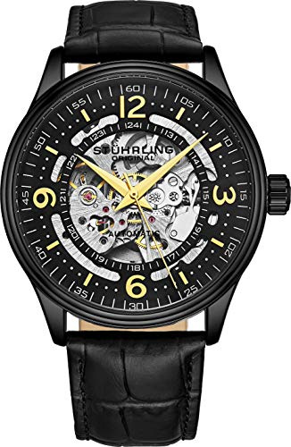 Stuhrling Original automatisk skelettklänning för män klocka äkta läderband med självuppdragande mekanisk rörelse (roséguld), Svart-a