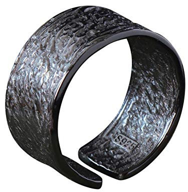 NicoWerk Damen Silberring Bandring aus 925 Sterling Silber Breit Schlicht Schmal Schwarz mit Struktur Verstellbar Offen SRI621