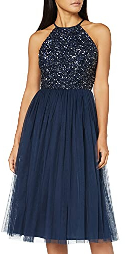 Maya Deluxe Damen Maya Deluxe Women's Midi for Wedding Guest Evening Dresses Elegant Wedding Cocktail Bridesmaid Dress, Navy, 36 EU