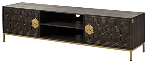 MASSIVMOEBEL24.DE | DIAMOND TV-Board Mango 190 cm, grau geöltes Massivholz, massives Lowboard mit 2 Kabelführungen, 2 Türen, 2 offenen Fächern, Push-To-Open Technik, goldene Ornamente und Eisengestell