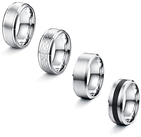 LOLIAS 4 Piezas Anillos Hombre Acero Inoxidable Acabado Plateado Mate Anillos De Banda Anillos De Promesa De Compromiso Vintage Para Hombre Mujer 14-30
