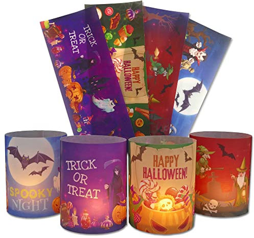 FEENSTAUB Halloween Windlichthülle aus Transparentpapier Tischdeko, Papier Kerzenhülle 4er Set für Teelicht Windlicht schnelle Halloween Deko innen, Party Tischdeko Kürbis Vampire, Happy Halloween