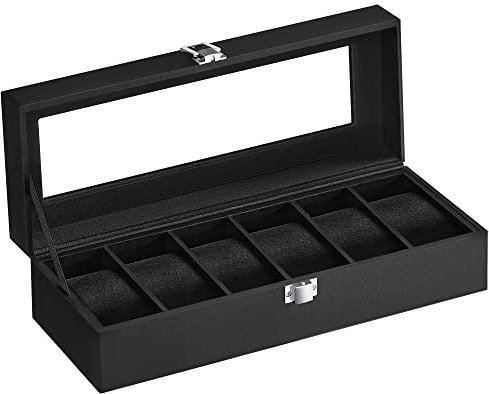 SONGMICS Watch Box with 6 Slots, Watch Case with Glass Lid, Watch Display Box with Removable Watch Pillows, Metal Clasp, Gift Idea, Black Synthetic Leather, Black Lining JWB06B01