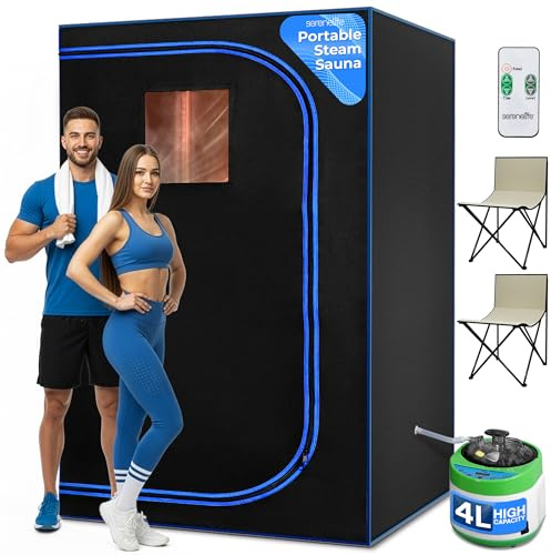 SereneLife Portable Steam Sauna for Home – 2 Person Pop Up Sauna Tent with 1000W Steamer, Folding Chair & Heated Foot Pad for Relaxation and Home Spa 86 x 73 x 103 cm