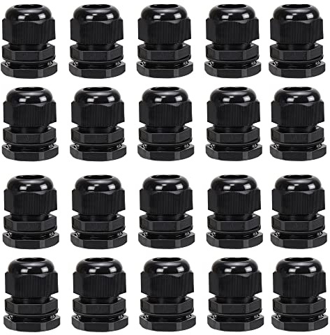 20 Pack M20 20mm IP68 Waterproof Nylon Cable Glands, Suitable for 6mm - 12mm Cables (Black)