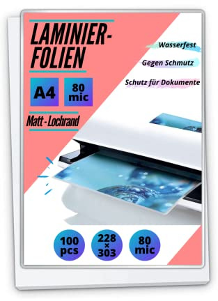 100 PREMIUM Laminierfolien DIN A4 - matt/entspiegelt, mit Abheftlochung - 2 x 80mic (160 mic) - zum Abheften