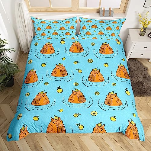 Homewish Capybara Duvet Cover Double Size,Kids Capybara Animals Lovers Comforter Cover for Boys Teens,Fruit Print Quilt Cover,Natural Theme Blue Brown Bedding Set Room Decor Bedspread Cover