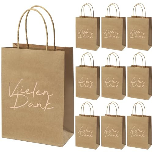 Donindis 20 Papiertüten mit Henkel, Vielen Dank, Kraftpapier, Rosengoldfolie, 21 * 15 * 8cm
