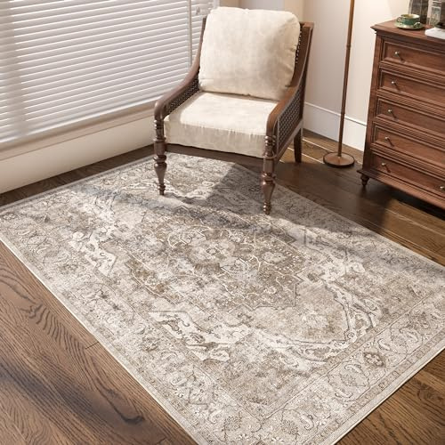 TOPICK Vintage Küchenteppich Läufer Flur waschbar küchenläufer 90x150 Braun | orientalisch Teppichläufer brücken Teppich Läufer lang rutschfest cottagecore Flurteppich Eingangsbereich Kitchen Runner Rug