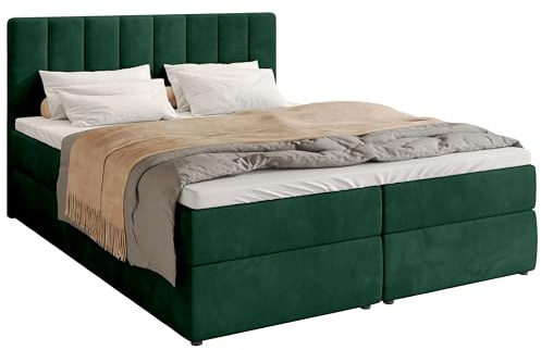 BROMARKT Boxspringbett mit Matratze 180x200cm Bett mit Topper Grün | Polsterbett mit Bettkasten Doppelbett für Schlafzimmer gepolsterte Kopfstütze Bed Bonell Härtegrad H3 DENVER