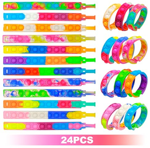 Regalos Cumpleaños Niños Colegio, 24 Piezas Pop it Pulsera Fidget Toy Set, Slap Pulsera Silicona de Juguete Fidget para Fiesta de Detalles Cumpleaños Niño, Juguete Sensorial Antiestrés niños