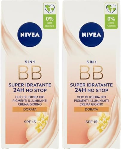 NIVEA ESSENTIALS BB Cream Super-Idratante 24H No Stop 50 ml, Crema Giorno SPF15 Uniformante, Crema viso Pigmentata, Crema Idratante con Olio di Jojoba Bio e Minerali (Confezione da 2)