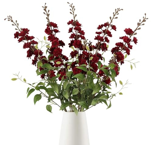 IPOPU Dark Red Flowers Artificial Delphinium 9PCS Burgundy Larkspur Artificial Flowers with Clematis Greenery Burgundy Silk Flowers for Wedding Centerpieces for Home Table Decor (Dark Red)