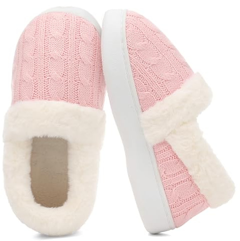 UBFEN Womens Fuzzy House Slippers Warm Bedroom Shoes with Faux Fur Lining Non Slip Memory Foam Slippers for ladies Indoor and Outdoor Size US 5-6 Pink