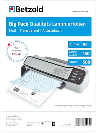Betzold Laminierfolien DIN A4, 150 mic, 500 Stück | Laminiertaschen, Big-Pack, Dokumentenschutz, Schule, Büro