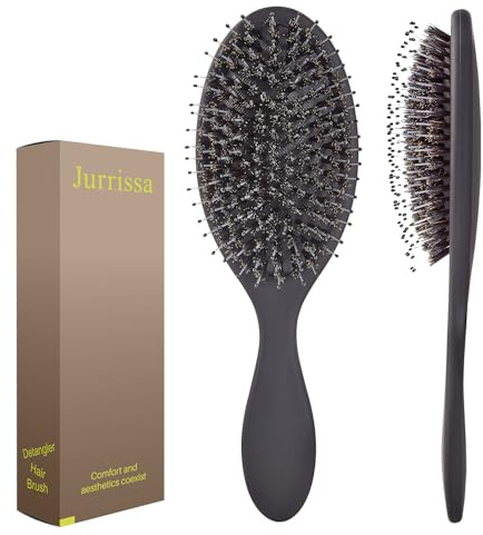Jurrissa Haarbürste mit Wildschweinborsten für Damen und Herren, Entwirrende Haarbürste zum Glätten, Massage, Glanz, Nylon und Wildschweinborsten, Entwirrbürste für gesundes Haar, Schwarz