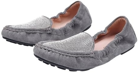 QAUUCP Flache Schuhe FüR Damen Frauen Faltbare Wohnungen Kristall Nieten weibliche Loafer Damen Flache Schuhe für Alltag, Ausgehen(Gray 1,9.5)
