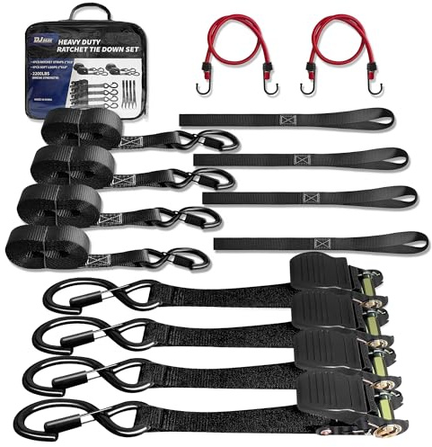 Heavy Duty 1 x 15' Ratchet Straps (4 Pack) - 2200 lb Break Strength, with Soft Loops, Coated S-Hooks & Waterproof Carry Bag for Truck, Trailer, Motorcycle, ATV, UTV, Boat, Car Accessories (Black)