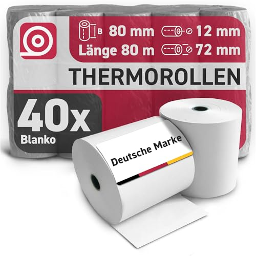 Gebongt24 Thermorollen 80 mm x 80 m x 12mm mit 48g/m² – hochwertige Bonrollen aus BPA-freiem Thermopapier – 40 Kassenrollen mit ⌀ 72 mm – passend für EPSON Drucker & Kassenbondrucker
