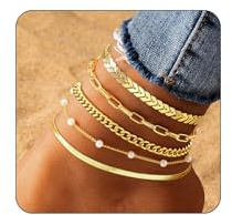 FloralGrace 5-teiliges Gold Fußkettchen-Set für Damen: Goldvergoldete, wasserdichte Kubanische Perlen Schlangenkette mit Lobster-Knopf und Verlängerungskette, Gold