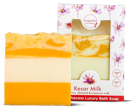 SoapyWise Kesar Milk Luxury Soap Bar, Natural Handmade Vegan Bath Soap with Saffron, Almond & Coconut Milk, Cold Processed Moisturising & Hydrating Cleanser for Face, Body & Hands – 90g (Pack of 1)
