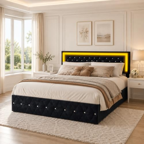 BRILVERDE Polsterbett 160x200 mit Stauraum, Doppelbett mit LED Beleuchtung, Jugendbett mit kopfteil und Lattenrost, Bettrahmen für Erwachsene, Samt (Schwarz, 160 x 200cm)