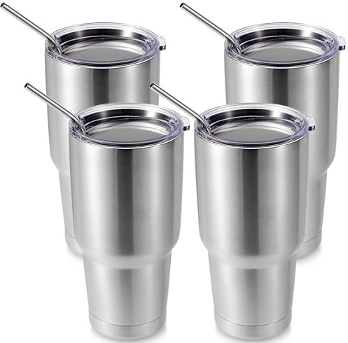 Volhoply 900 ml isoleringsmugg med lock och sugrör 4-pack, dubbelväggiga resekaffekoppar för varm/kalla drycker, passar i mugghållare, BPA-fri (silver, 4