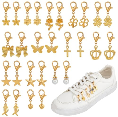 PH PandaHall 28pcs Clip Sur Pendentifs Charms Alliage Chaussures Décoration Charms 14 Styles Dorée avec Fermoir Mousqueton pour Chaussures de Sport Chaussures en Toile Fabrication de Bijoux