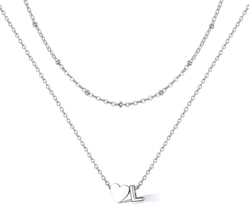 Bestyle Collar Letra Inicial L Plateado Colgante con Corazón Plata Choker Gargantilla Doble Capas Fina Cadena de Acero Inoxidable 35.5cm y 40.6cm Joyas Mujer Chica Madre Hija Novia Amiga