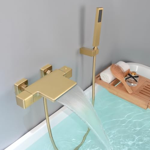 SHANFO Badewannenarmatur Thermostat, Wasserfall Wannenarmatur mit Handbrause, Armatur Badewanne mit Brause, Wannenbatterie Set, Messing, Gold Gebürstet, 4Y4OK