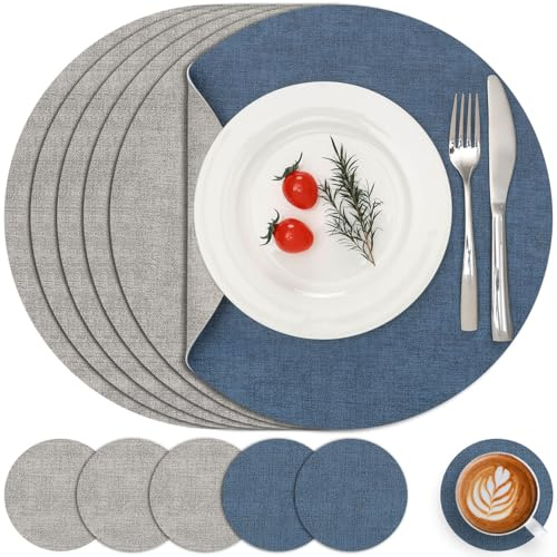 Myir JUN Manteles Individuales Redondos y Posavasos de Cuero Juego de 6 | Doble Cara Mantel Individual Salvamanteles Lavables Antideslizant Individuales Mesa (Gris Claro Azul Marino, Juego de 6)