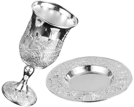 Homoyoyo Copa Kiddush Chapada Plata con Plato Cáliz para Vino de Festival Shabat y Pascua Copa Alta de Aleación de Zinc Duradera y Decoración Tradicional Judía