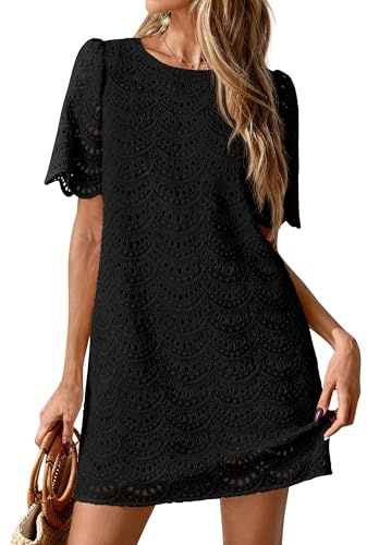 PRETTYGARDEN Women's 2026 Summer Casual Short Dresses Embroidered Lace Short Sleeve Boho Mini Dress Beach Vacation Clothes (Black,Medium)