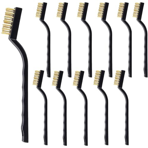 12 mini cepillos de alambre con mango de plástico, cepillo de alambre de latón, mini cepillo de alambre con agujero para colgar para soldar escoria, trabajos de metal, óxido, suciedad grasa (cepillo