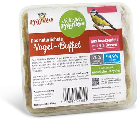 Natürlich Pfiffikus Fettfutter Vogel-Buffet mit Beeren 6 Stück – Fettfutterblock mit Insektenfett für Wildvögel – Vogelfutter Fettblock artgerechtes proteinreiches Ganzjahresfutter– nachhaltig