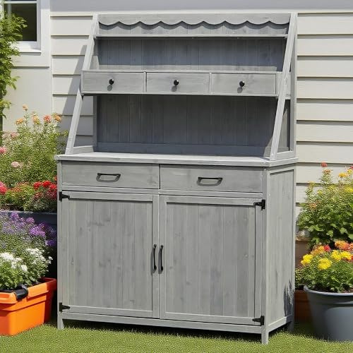 Beatrix Table de rempotage de jardin en bois avec rangement, gris, 113 x 47 x 164 cm, banc de travail extérieur avec tiroirs, étagères et armoire