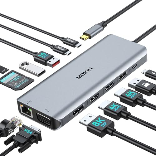 MOKiN USB C Docking Station für 4 Monitore, 13 in 1 Triple Display | Dockingstation 2 HDMI 4K@60Hz, DisplayPort VGA, Ethernet, 5x 10Gbps USB A/C, 100W PD, SD/microSD for Dell/HP/Lenovo