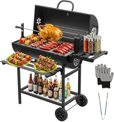 DEWINNER XXL Holzkohlegrill, Karbonstahl mit Deckel & Thermometer, abnehmbarer Hähnchenbräter, Verbrennungshandschuhe und Zange inklusive, Rollen, ideal für Garten/Terrasse/Camping