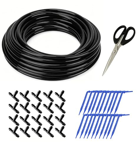 Micro manguera de riego, manguera de goteo de 30 m para riego | tubo de riego por goteo de 3/5 mm con 20 cabezales de riego y 20 piezas en T, sistema de riego para jardín y balcón