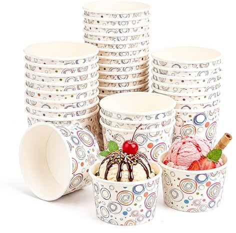 50 Pezzi Coppette Gelato Usa e Getta 165 ml, Colorati Coppe Gelato Carta con Cucchiai, Ciotole Usa e Getta per Dessert, Frozen Yogurt & Zuppa, Resistenti e Antiperdita (Motivo a Cerchi Colorati)