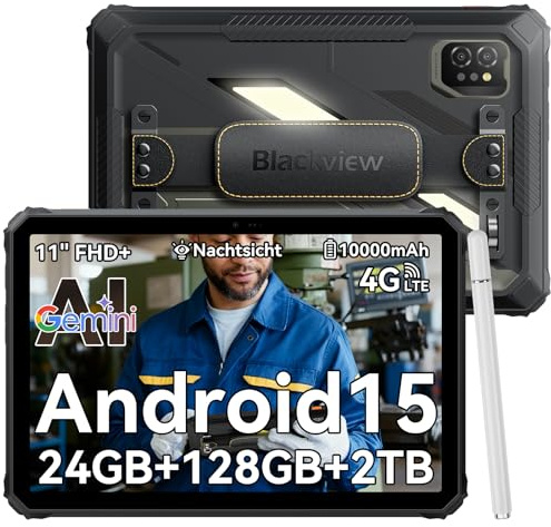 Blackview Active 7 Tablette durcie 11 pouces, IP68/IP69K, résistante aux chocs (chute 1,22 m), 4G LTE, Android 15, 10000 mAh 45W, 24 Go + 128 Go (2 To), caméra vision nocturne, lampe camping, GPS, NFC