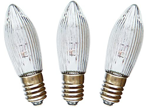 AUSWAHL 8V - 55V - netSells - 3er Set - 24V 3W Topkerze Riffelkerze Spitzschaftkerze - für Schwibbogen u. Lichterketten - für INNEN - für 10 Brennstellen - klar