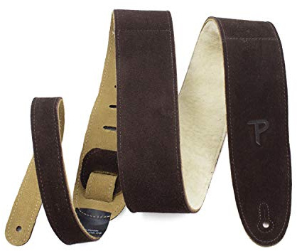 Perri’s Leathers Ltd Guitar Strap, 2.5” Wide Soft Suede, Super Soft Sheepskin Fur Pad, Adjustable Length, (DL325S-201-XL) Brown, Made in Canada