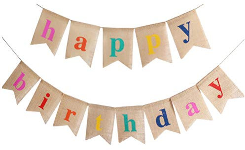 kuou Happy Birthday Bunting Banner, 11.5 Feet Burlap Banner with 13 Pieces Swallowtail Flag Jute Vintage Fabric Cloth Flags Shabby Chic Decoration for Birthday Parties