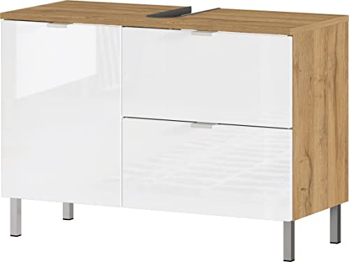 Germania WB-Unterschrank 8530-552 GW-MAURESA in Grandson-Eiche-Nachbildung/weiß, Fronten in Hochglanz, EIN Schubkasten, Oberboden mit Aussparung für Siphon, 80x56x34 cm (BxHxT)