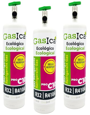 3x Envases GASICA C10 PRO | Gas Refrigerante Orgánico | Alternativa R410A y R32 | Equivalente a 2.4 Kg R410A con válvulas en cada envase para mas usos